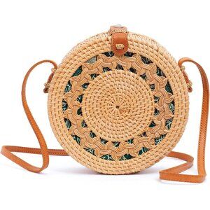 Women's Brown Pattern Round Rattan Handmade Straw Wicker Cross Body Boho Bags